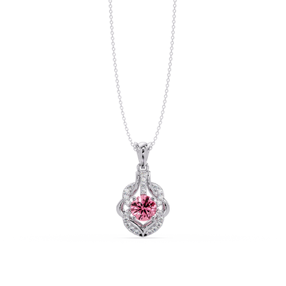 1.6 CTW Round Ornate Frame Colorstone Pendant Necklace — Tourmaline Rose Pink — 14K White Gold