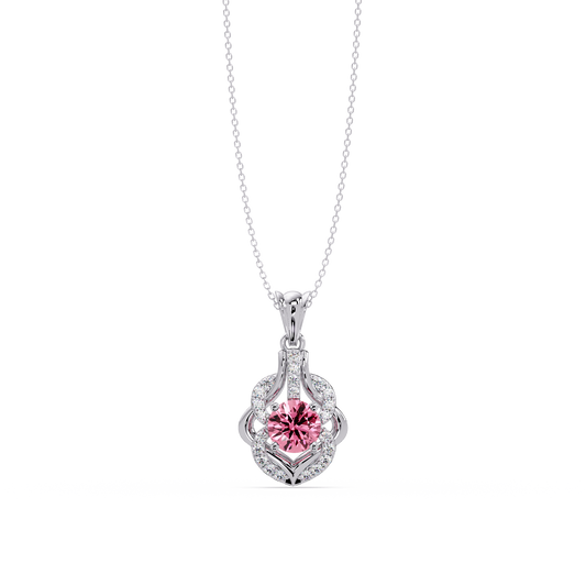 1.6 CTW Round Ornate Frame Colorstone Pendant Necklace — Tourmaline Rose Pink — 14K White Gold