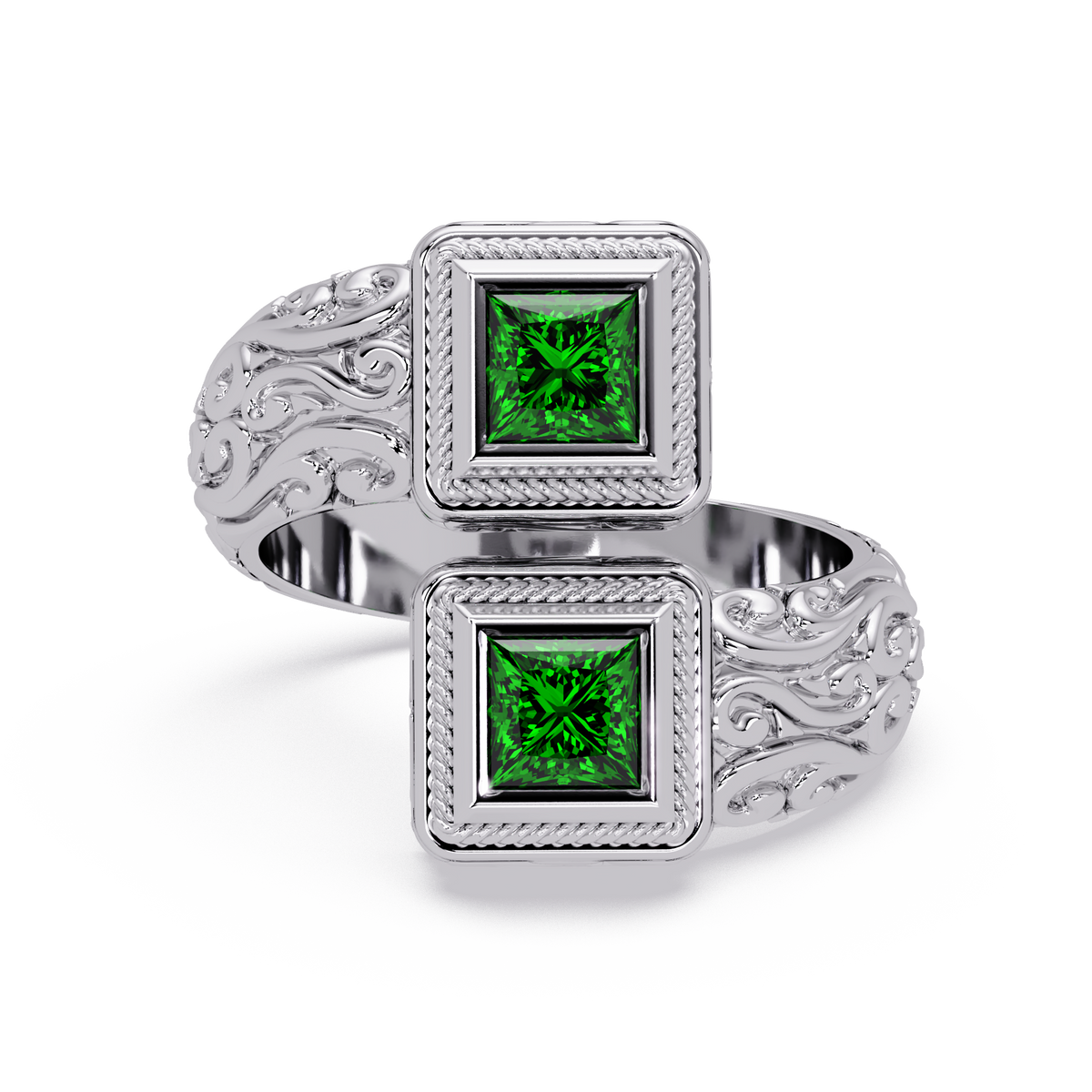 1.0 CTW Princess-Cut Filigree Bypass Colorstone Ring in Emerald Green and White Gold – Lunéa Paris