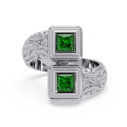 1.0 CTW Princess-Cut Filigree Bypass Colorstone Ring in Emerald Green and White Gold – Lunéa Paris