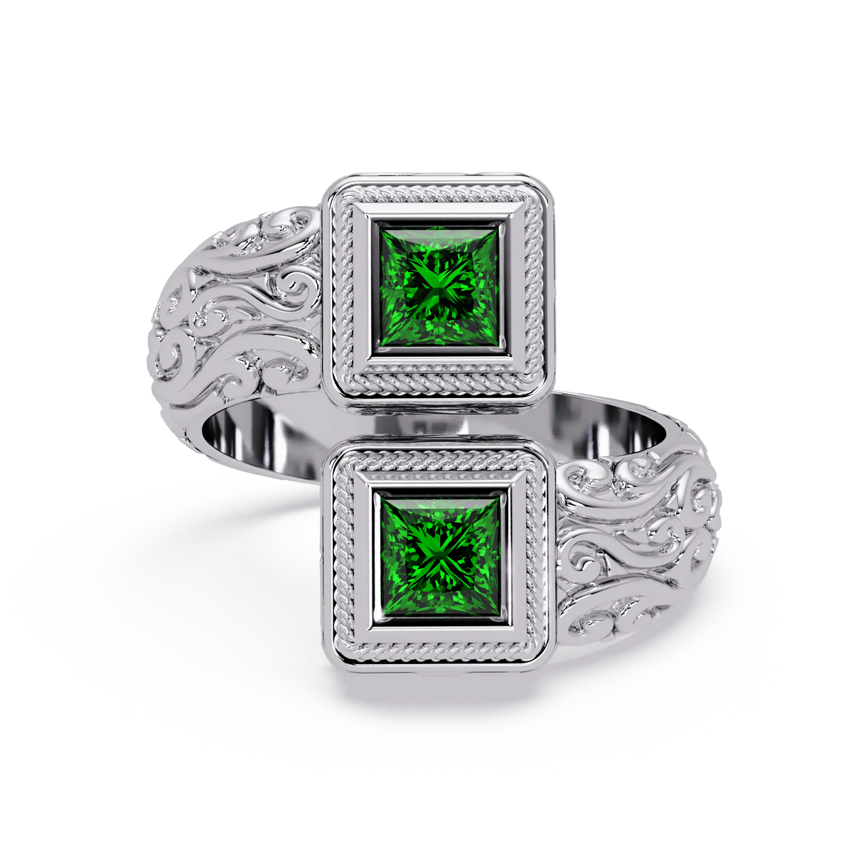 1.0 CTW Princess-Cut Filigree Bypass Colorstone Ring in Emerald Green and White Gold – Lunéa Paris