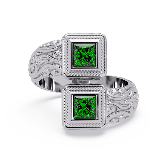 1.0 CTW Princess-Cut Filigree Bypass Colorstone Ring in Emerald Green and White Gold – Lunéa Paris