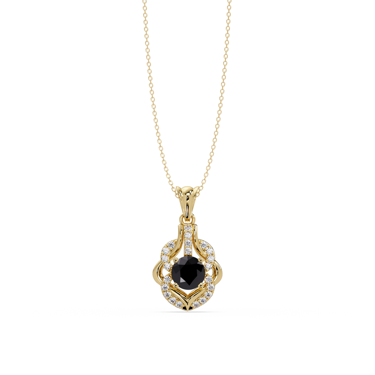 1.6 CTW Round Ornate Frame Colorstone Pendant Necklace — Onyx Black — 14K Yellow Gold