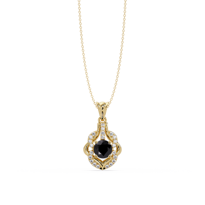 1.6 CTW Round Ornate Frame Colorstone Pendant Necklace — Onyx Black — 14K Yellow Gold