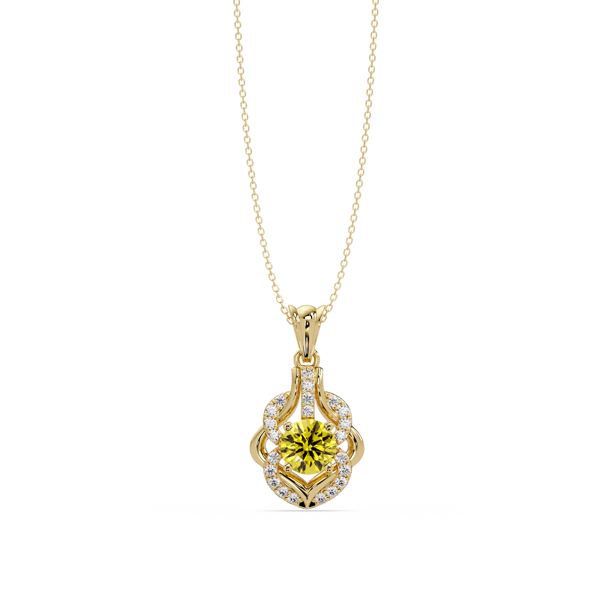 1.6 CTW Round Ornate Frame Colorstone Pendant Necklace — Citrine Lemon Yellow — 14K Yellow Gold