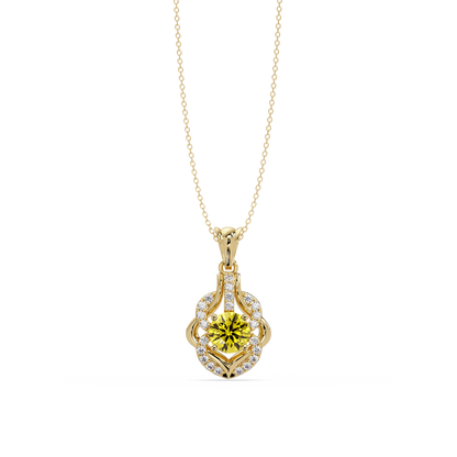 1.6 CTW Round Ornate Frame Colorstone Pendant Necklace — Citrine Lemon Yellow — 14K Yellow Gold