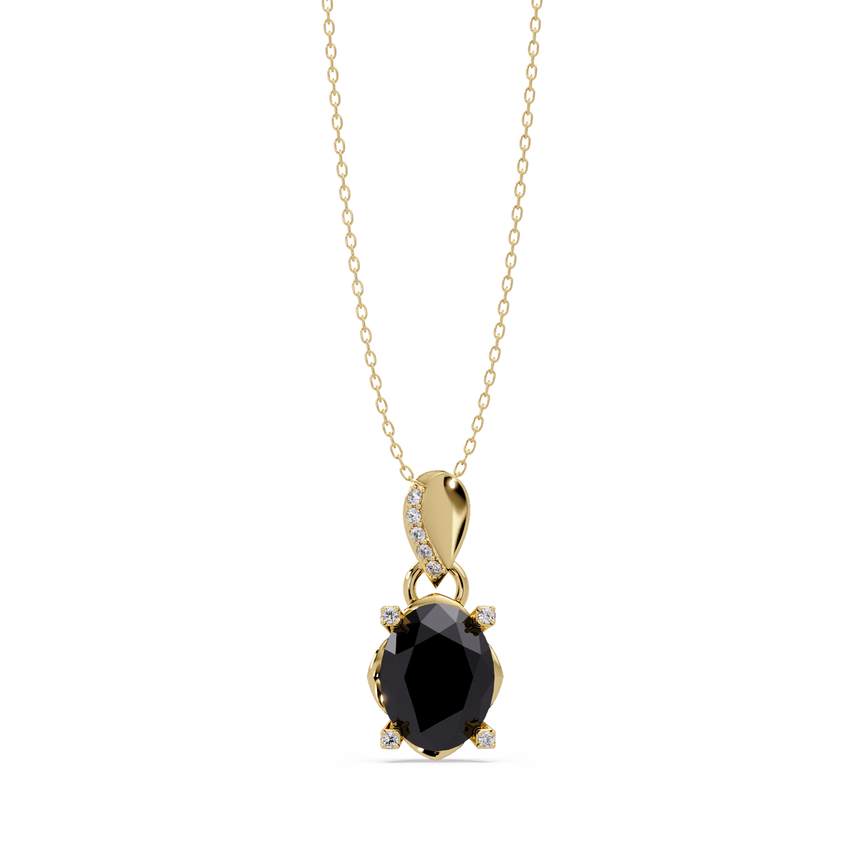 1.8 CTW Oval Solitaire Accent Colorstone Pendant Necklace — Onyx Black — 14K Yellow Gold