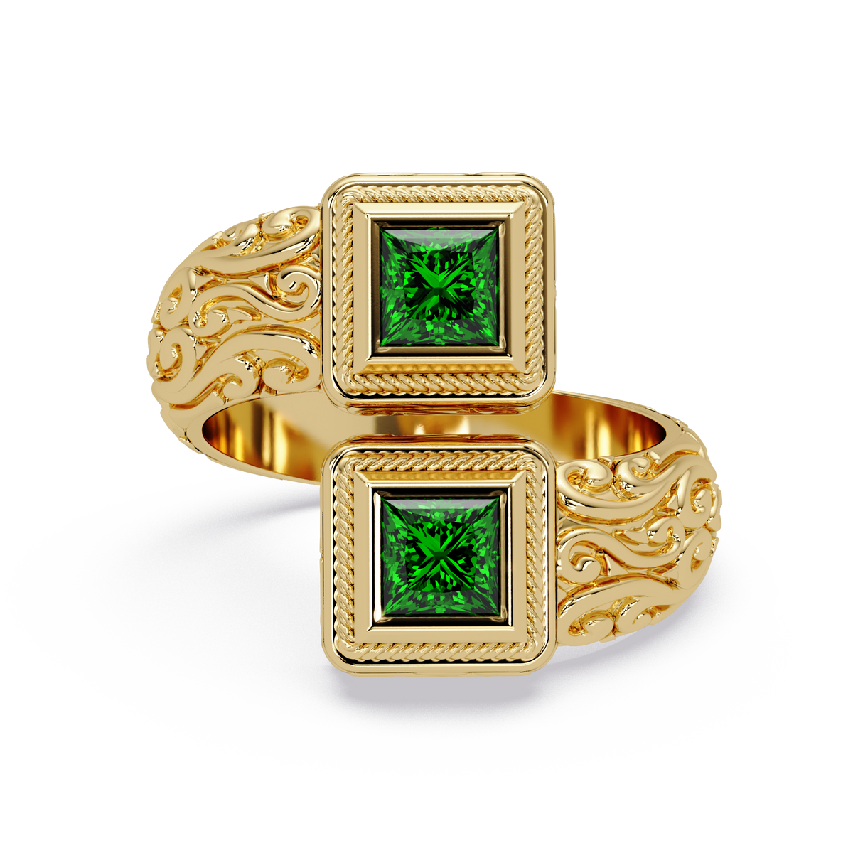 1.0 CTW Princess-Cut Filigree Bypass Colorstone Ring in Emerald Green and Yellow Gold – Lunéa Paris