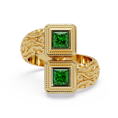 1.0 CTW Princess-Cut Filigree Bypass Colorstone Ring in Emerald Green and Yellow Gold – Lunéa Paris