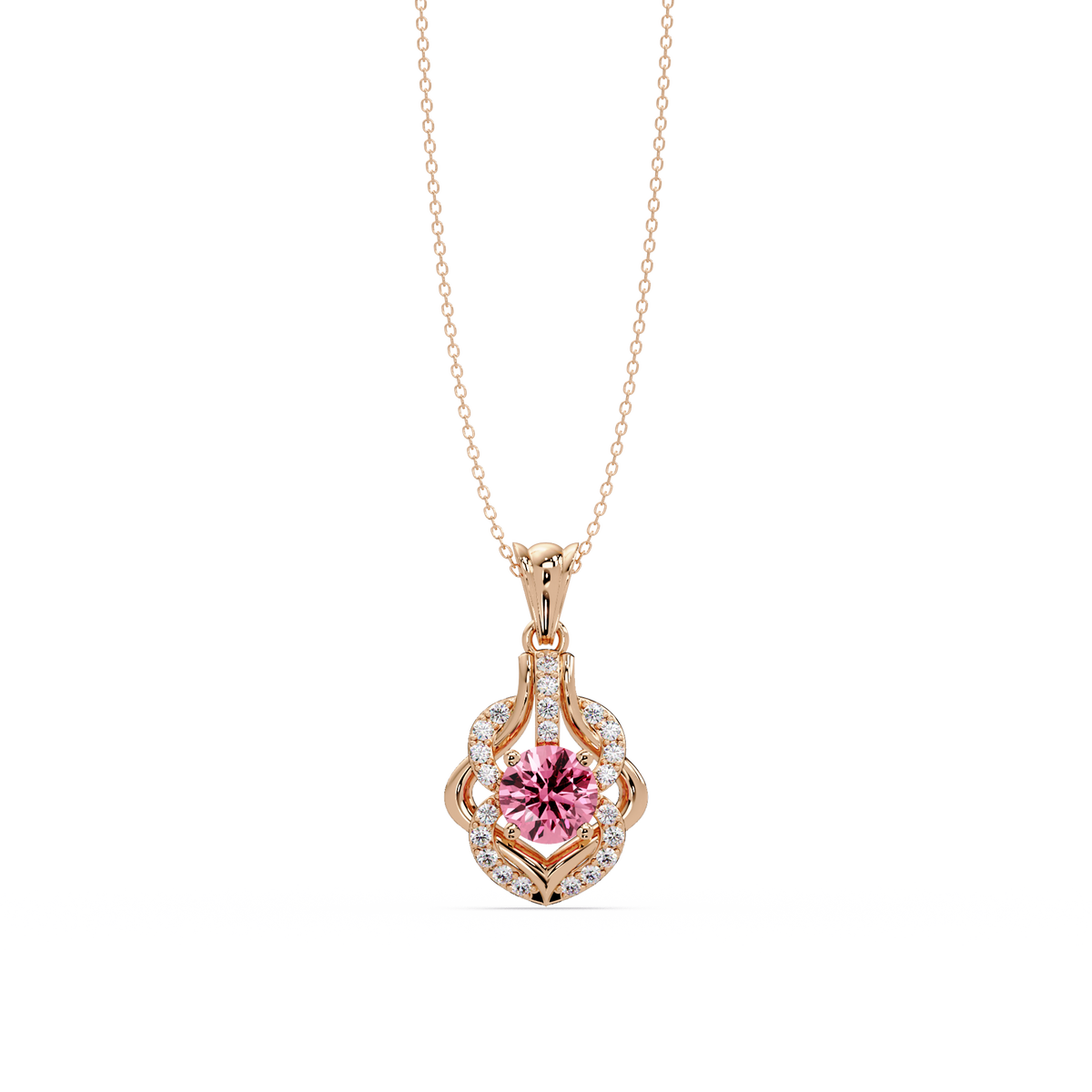 1.6 CTW Round Ornate Frame Colorstone Pendant Necklace — Tourmaline Rose Pink — 14K Rose Gold