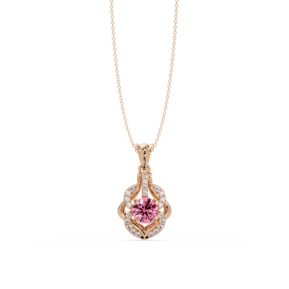 1.6 CTW Round Ornate Frame Colorstone Pendant Necklace — Tourmaline Rose Pink — 14K Rose Gold