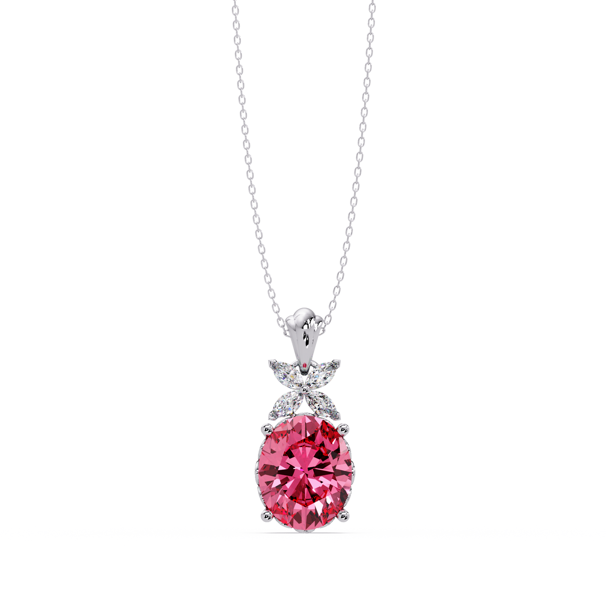 3.6 CTW Oval Butterfly Accent Colorstone Pendant Necklace — Tourmaline Rose Pink — 14K White Gold