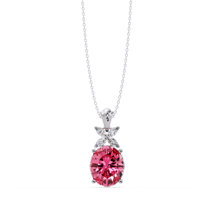 3.6 CTW Oval Butterfly Accent Colorstone Pendant Necklace — Tourmaline Rose Pink — 14K White Gold