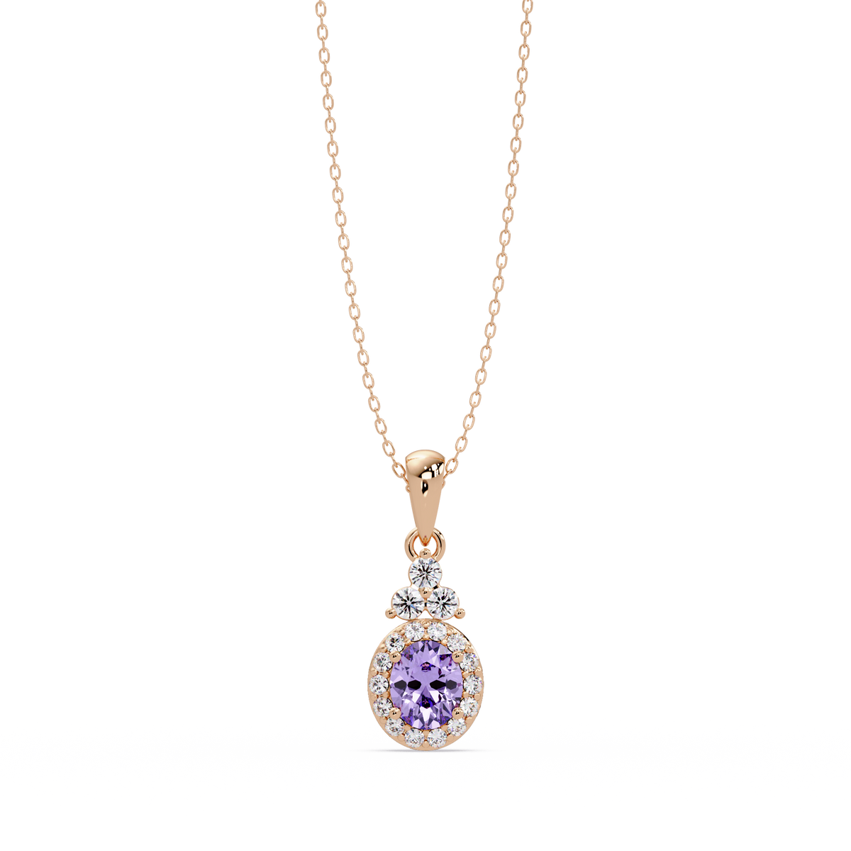 0.7 CTW Oval Halo Cluster Colorstone Pendant Necklace — Amethyst Lavender — 14K Rose Gold