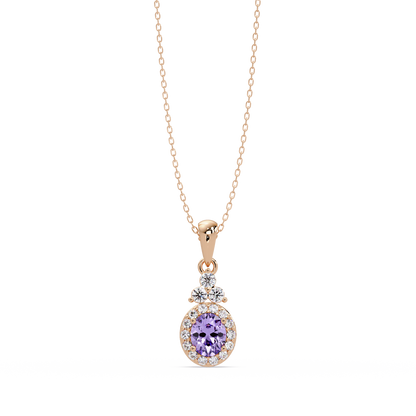0.7 CTW Oval Halo Cluster Colorstone Pendant Necklace — Amethyst Lavender — 14K Rose Gold