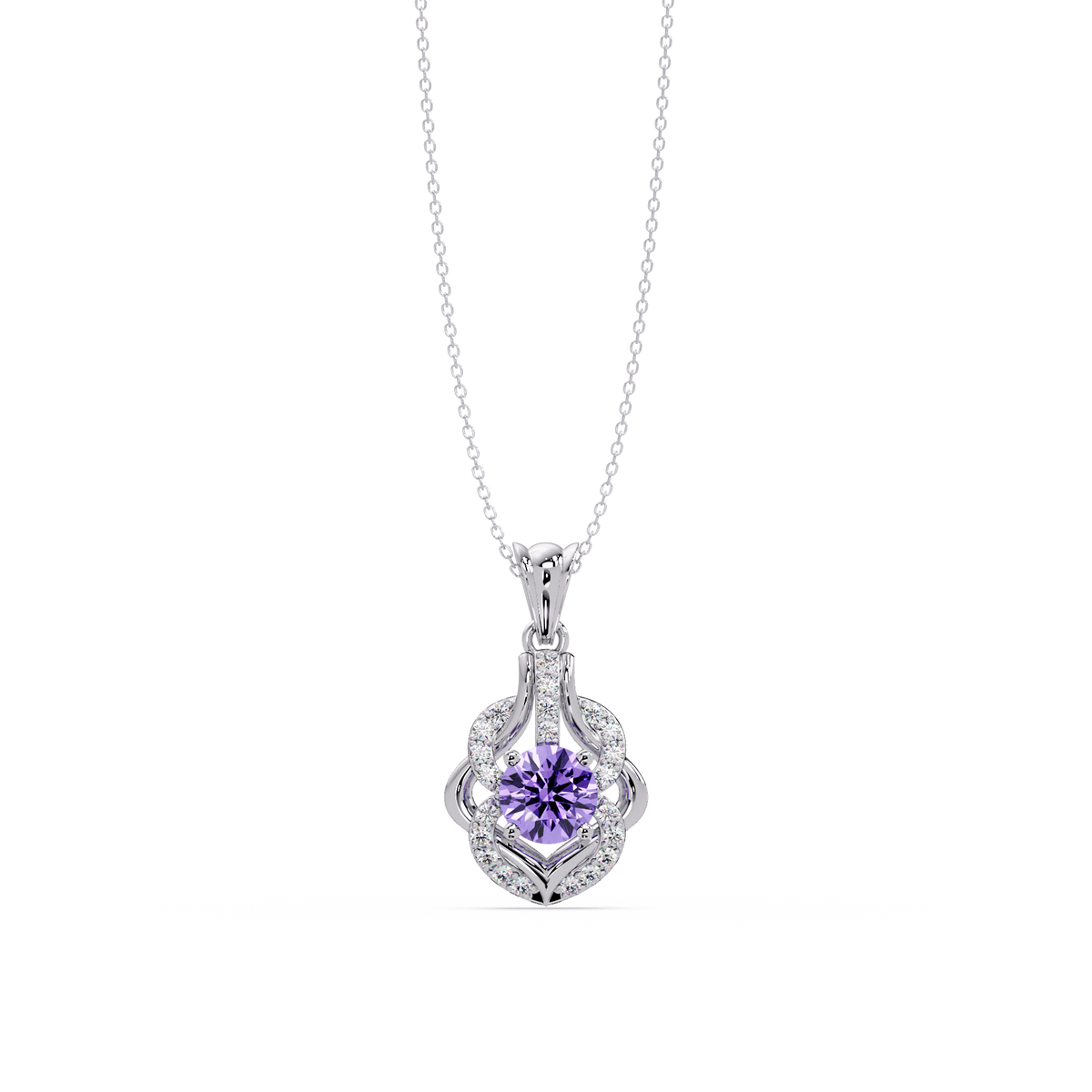 1.6 CTW Round Ornate Frame Colorstone Pendant Necklace — Amethyst Lavender — 14K White Gold