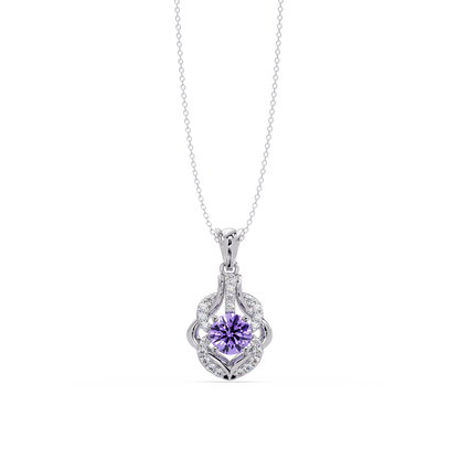 1.6 CTW Round Ornate Frame Colorstone Pendant Necklace — Amethyst Lavender — 14K White Gold