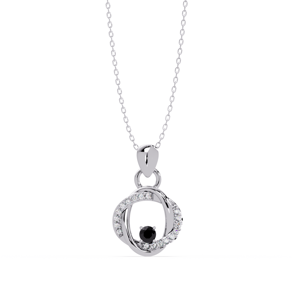 0.1 CTW Round Open Circle Colorstone Pendant Necklace — Onyx Black — 14K White Gold