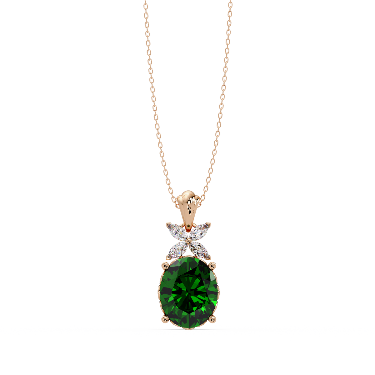 3.6 CTW Oval Butterfly Accent Colorstone Pendant Necklace — Emerald Deep Green — 14K Rose Gold