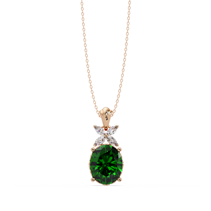 3.6 CTW Oval Butterfly Accent Colorstone Pendant Necklace — Emerald Deep Green — 14K Rose Gold