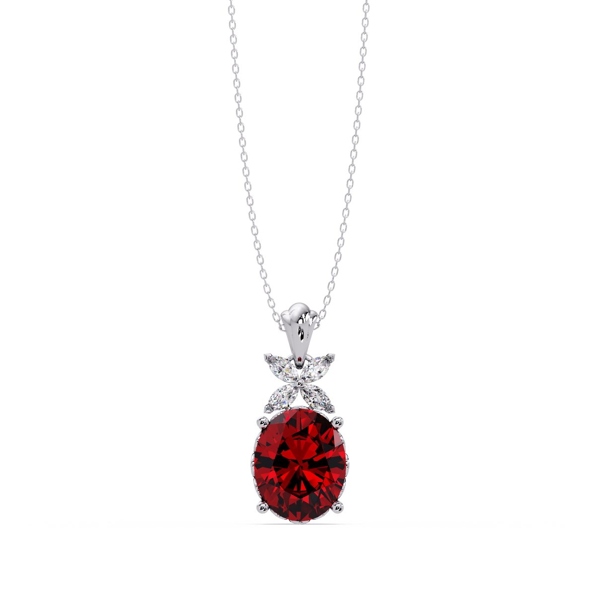 3.6 CTW Oval Butterfly Accent Colorstone Pendant Necklace — Ruby Deep Red — 14K White Gold