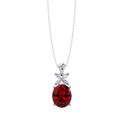 3.6 CTW Oval Butterfly Accent Colorstone Pendant Necklace — Ruby Deep Red — 14K White Gold