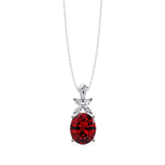 3.6 CTW Oval Butterfly Accent Colorstone Pendant Necklace — Ruby Deep Red — 14K White Gold