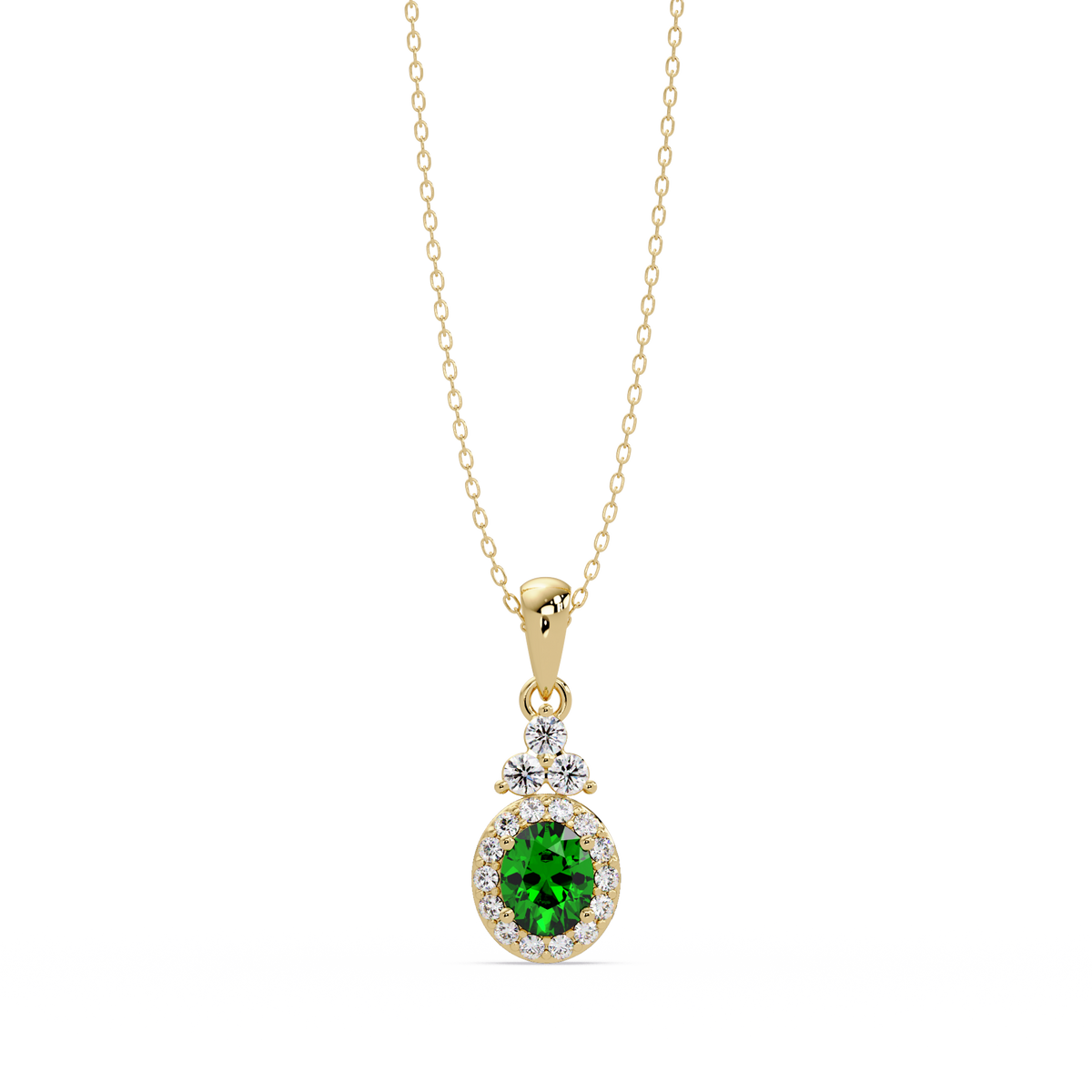 0.7 CTW Oval Halo Cluster Colorstone Pendant Necklace — Emerald Deep Green — 14K Yellow Gold