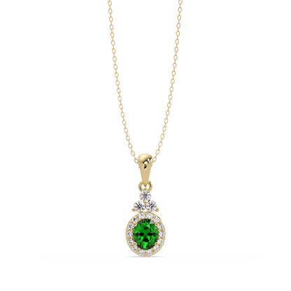 0.7 CTW Oval Halo Cluster Colorstone Pendant Necklace — Emerald Deep Green — 14K Yellow Gold