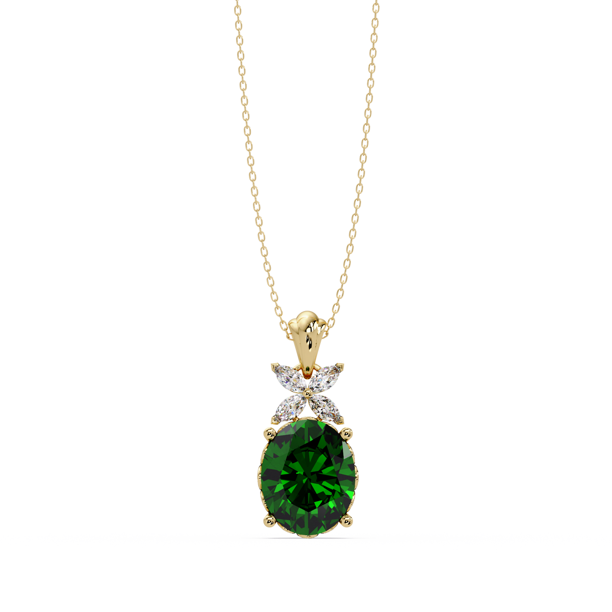 3.6 CTW Oval Butterfly Accent Colorstone Pendant Necklace — Emerald Deep Green — 14K Yellow Gold