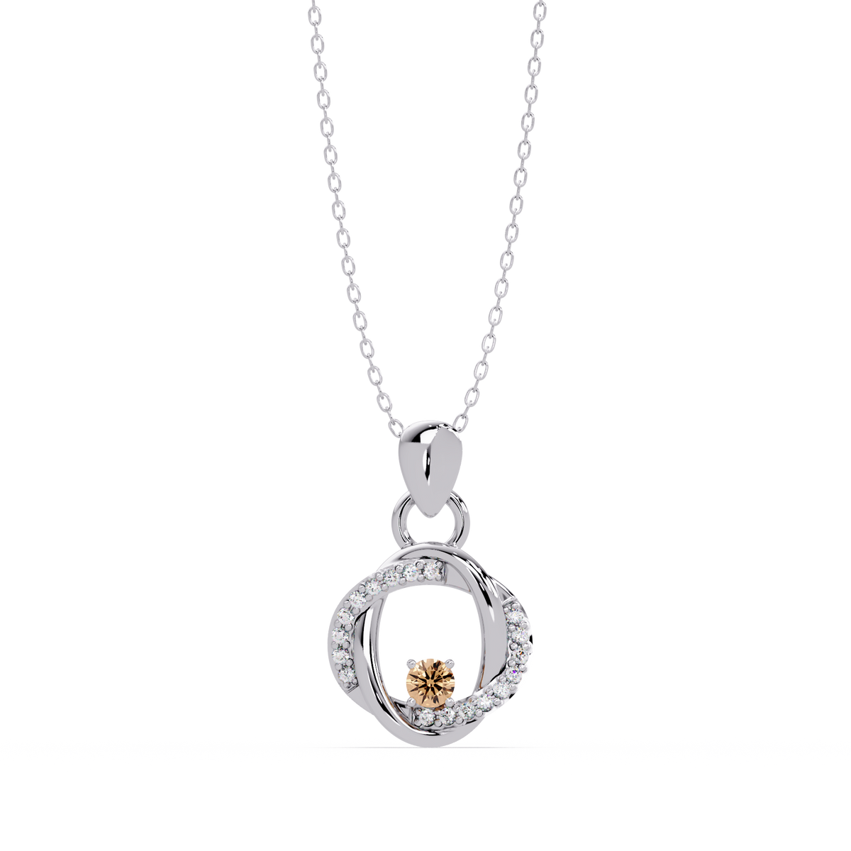 0.1 CTW Round Open Circle Colorstone Pendant Necklace — Champagne Topaz Amber — 14K White Gold