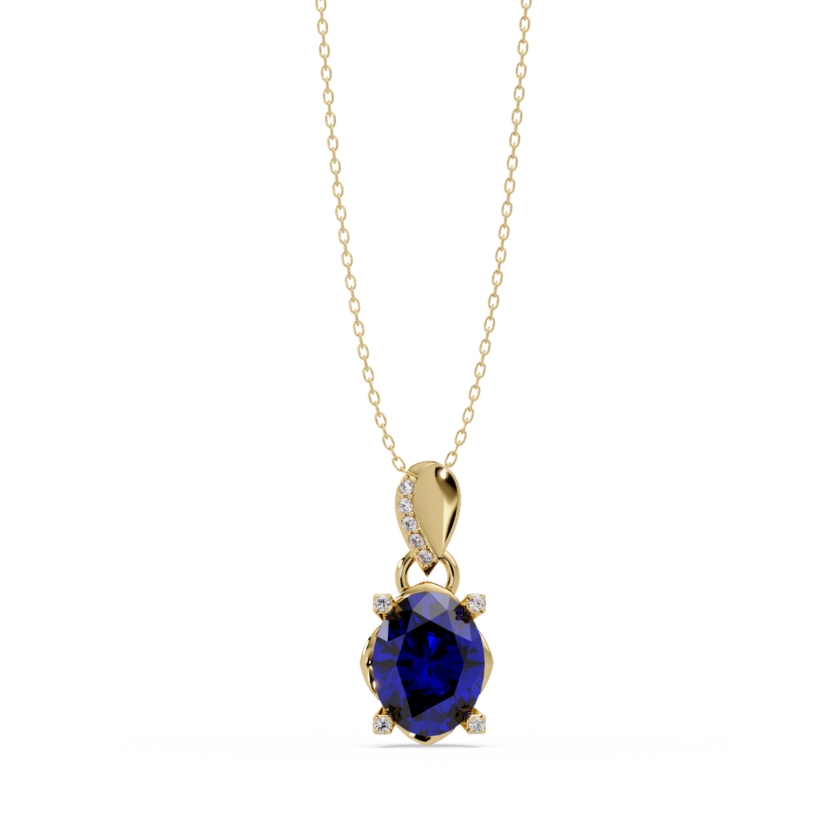 1.8 CTW Oval Solitaire Accent Colorstone Pendant Necklace — Sapphire Royal Blue — 14K Yellow Gold