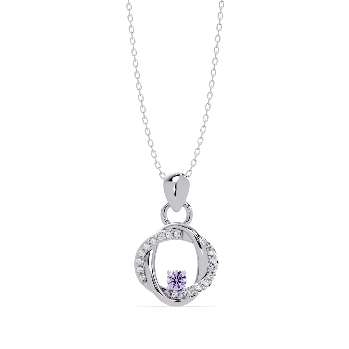 0.1 CTW Round Open Circle Colorstone Pendant Necklace — Amethyst Lavender — 14K White Gold