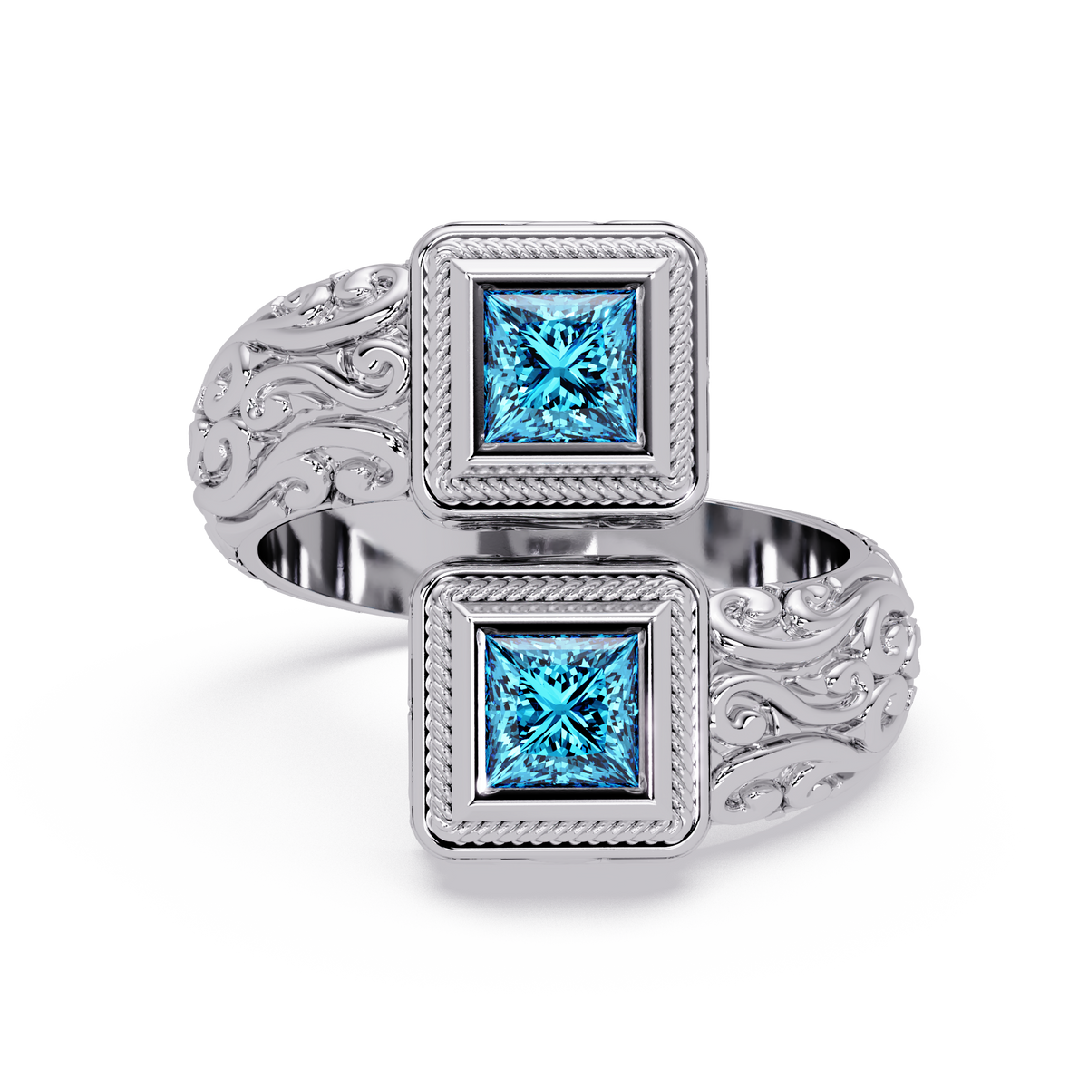 1.0 CTW Princess-Cut Filigree Bypass Colorstone Ring in Aquamarine Blue and White Gold – Lunéa Paris