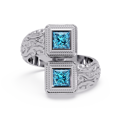 1.0 CTW Princess-Cut Filigree Bypass Colorstone Ring in Aquamarine Blue and White Gold – Lunéa Paris