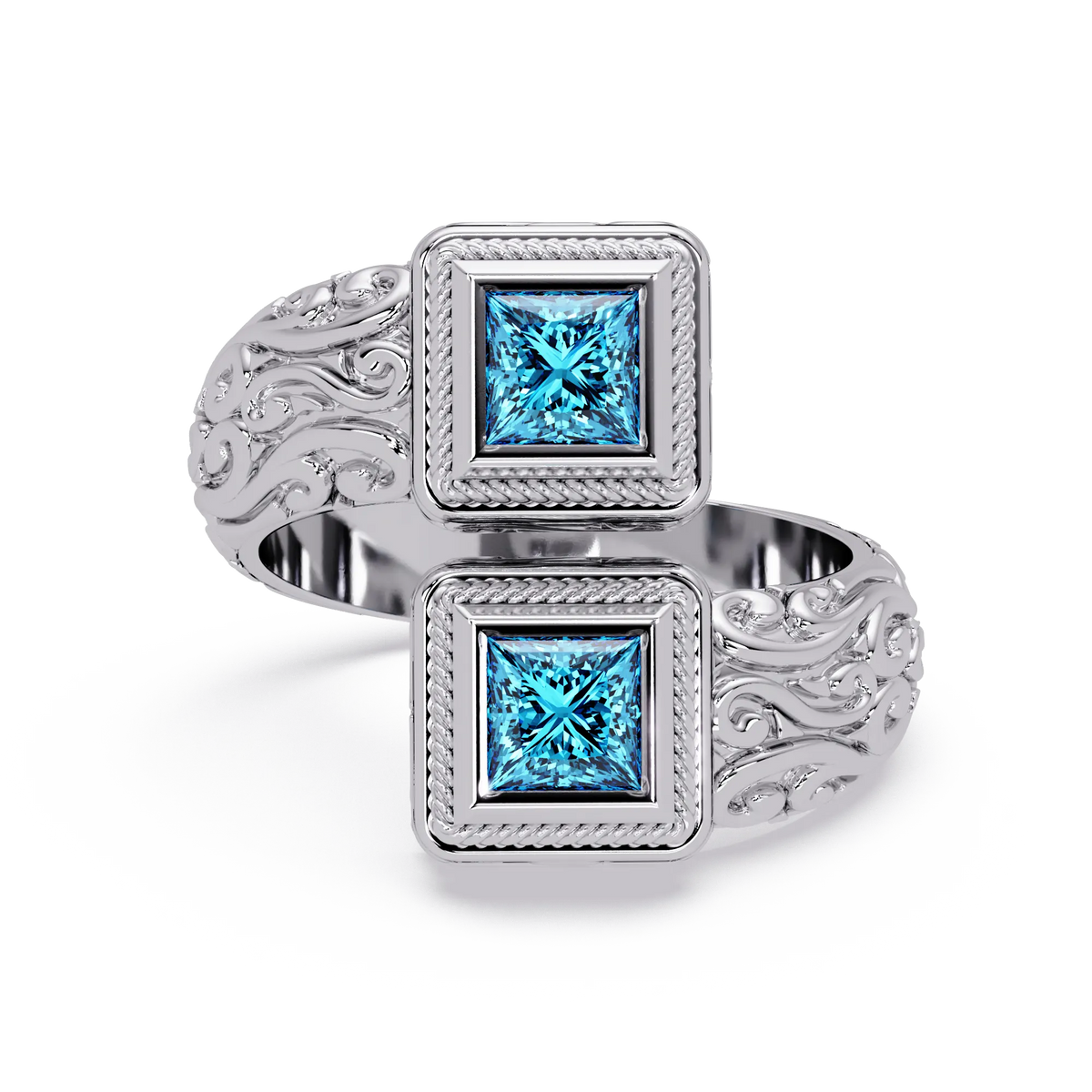 1.0 CTW Princess-Cut Filigree Bypass Colorstone Ring in Aquamarine Blue and White Gold – Lunéa Paris