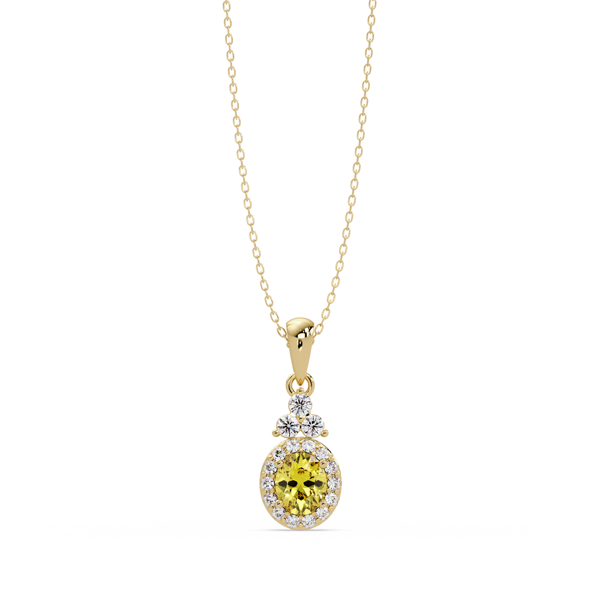0.7 CTW Oval Halo Cluster Colorstone Pendant Necklace — Citrine Lemon Yellow — 14K Yellow Gold