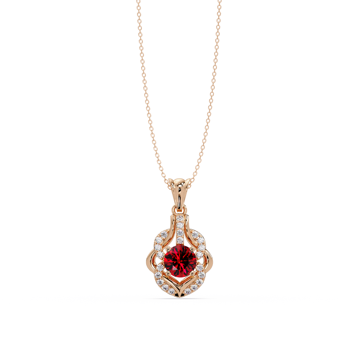 1.6 CTW Round Ornate Frame Colorstone Pendant Necklace — Ruby Deep Red — 14K Rose Gold