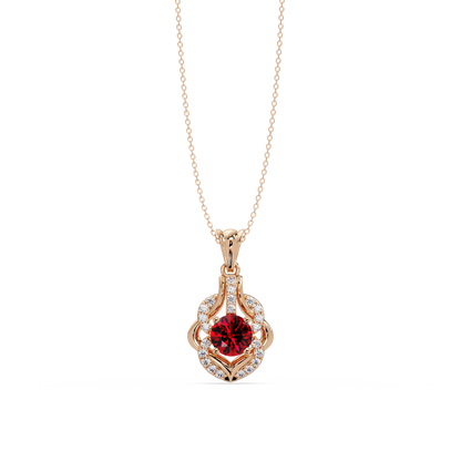 1.6 CTW Round Ornate Frame Colorstone Pendant Necklace — Ruby Deep Red — 14K Rose Gold