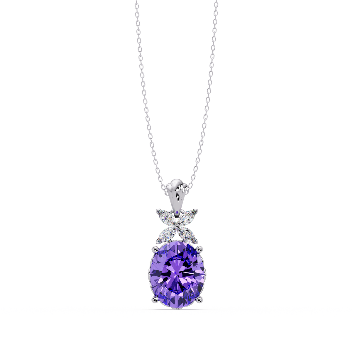 3.6 CTW Oval Butterfly Accent Colorstone Pendant Necklace — Amethyst Lavender — 14K White Gold