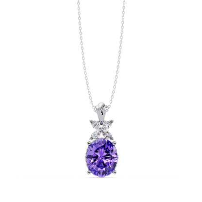 3.6 CTW Oval Butterfly Accent Colorstone Pendant Necklace — Amethyst Lavender — 14K White Gold