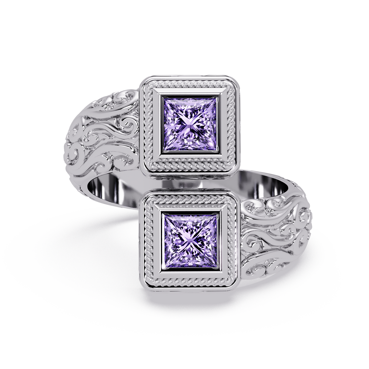 1.0 CTW Princess-Cut Filigree Bypass Colorstone Ring in Amethyst Purple and White Gold – Lunéa Paris