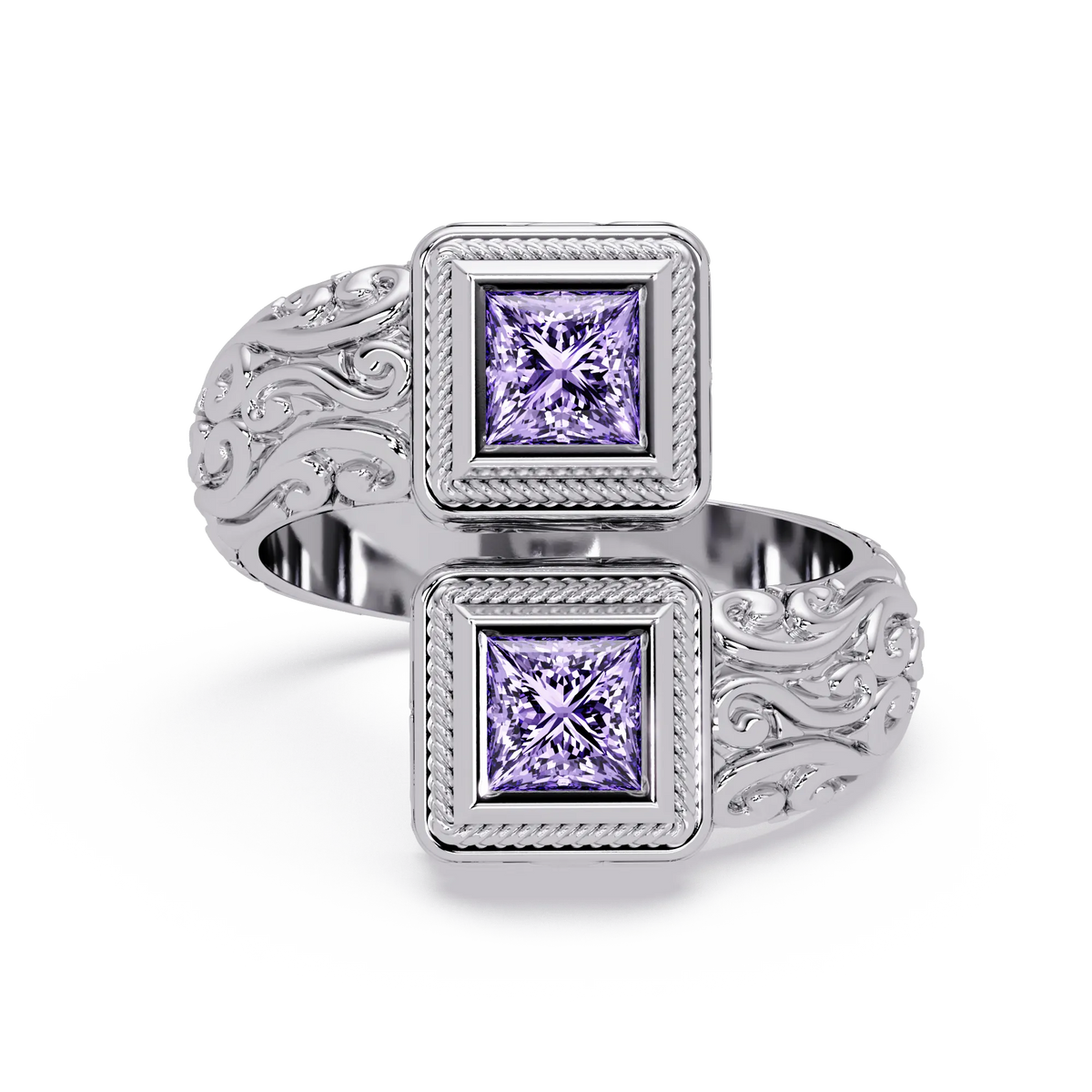 1.0 CTW Princess-Cut Filigree Bypass Colorstone Ring in Amethyst Purple and White Gold – Lunéa Paris