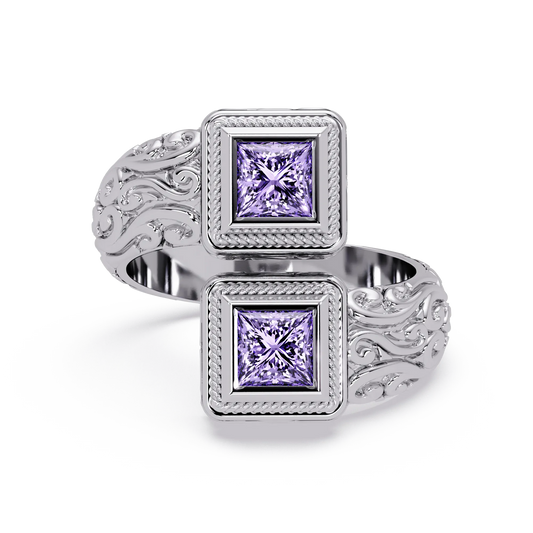 1.0 CTW Princess-Cut Filigree Bypass Colorstone Ring in Amethyst Purple and White Gold – Lunéa Paris