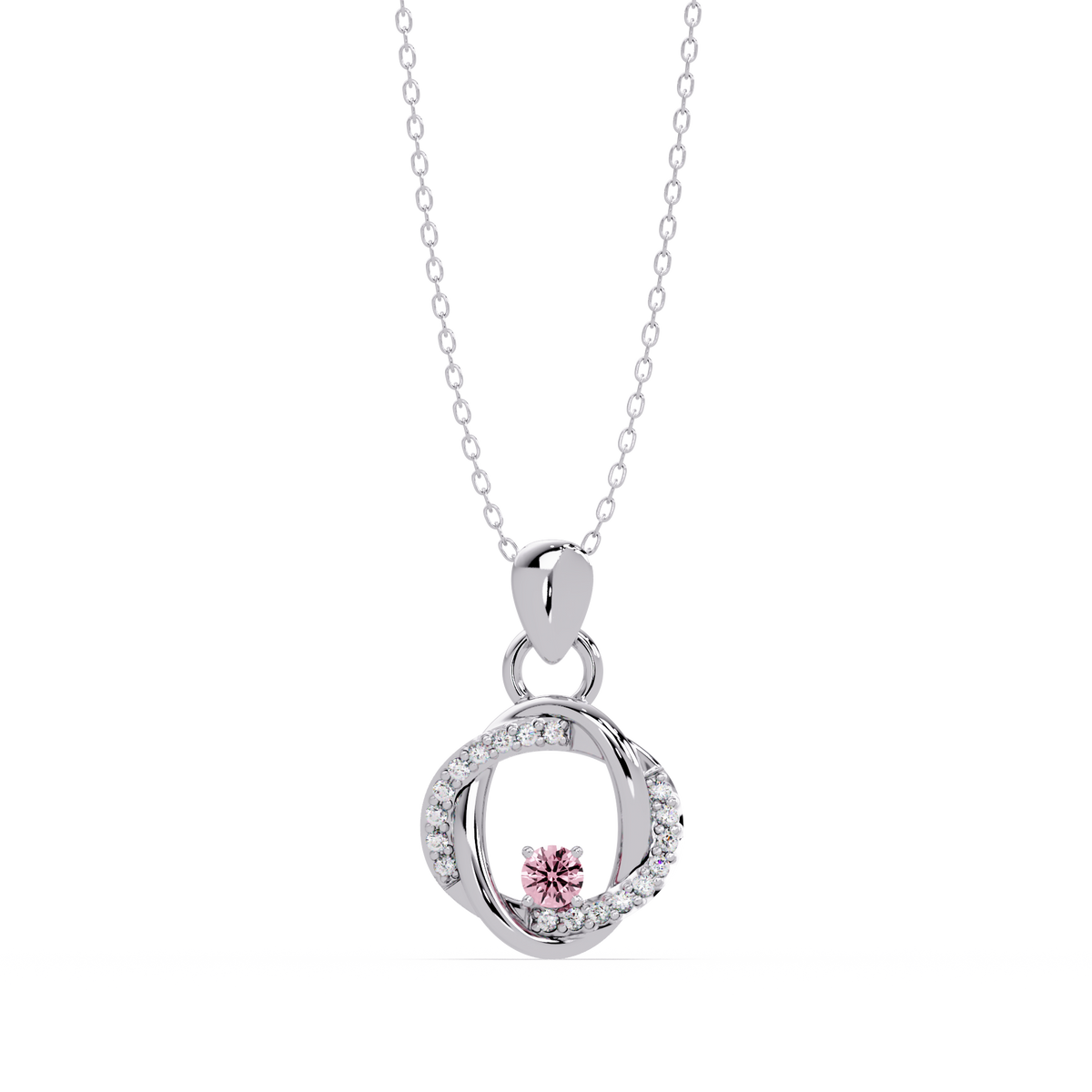 0.1 CTW Round Open Circle Colorstone Pendant Necklace — Tourmaline Rose Pink — 14K White Gold