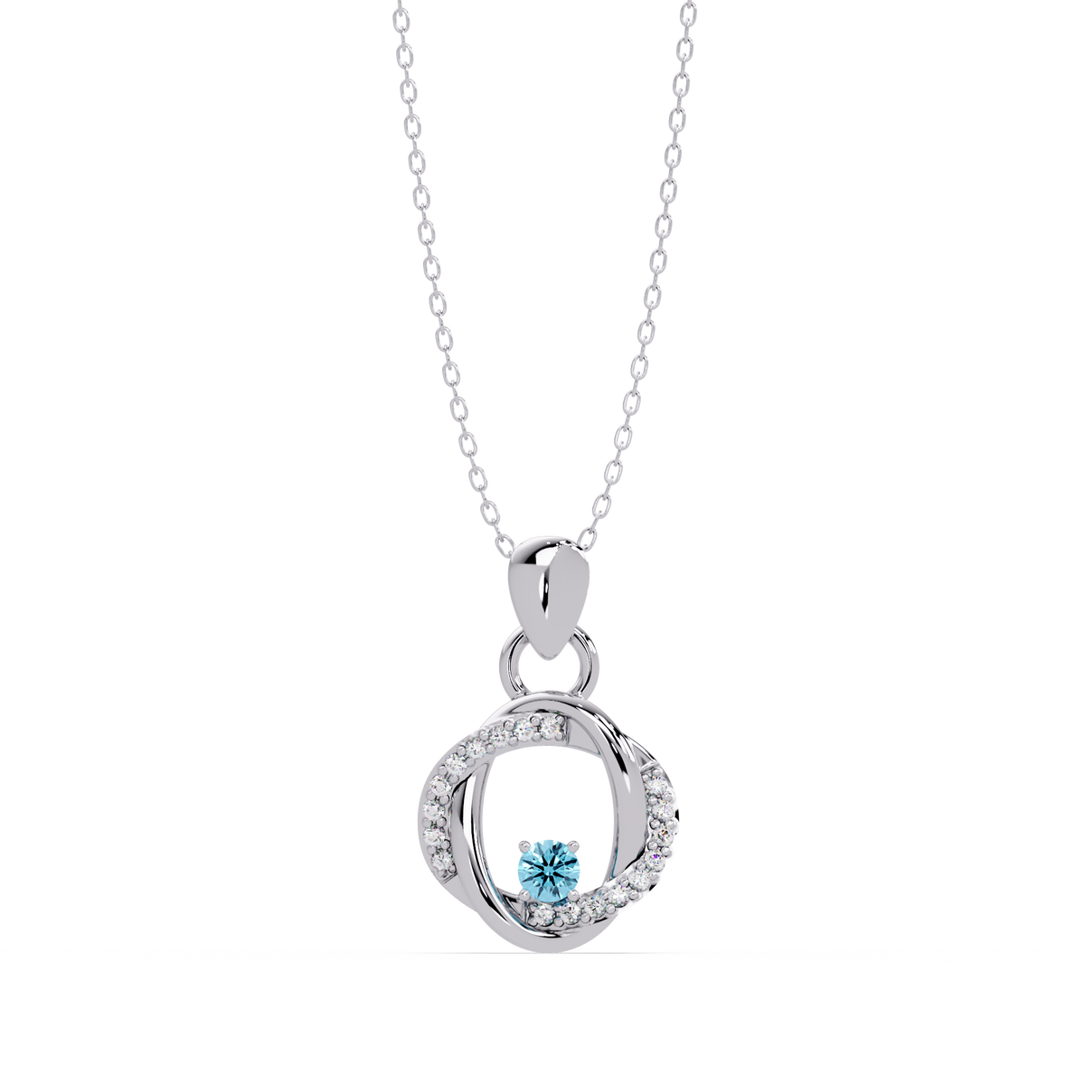 0.1 CTW Round Open Circle Colorstone Pendant Necklace — Aquamarine Sky Blue — 14K White Gold