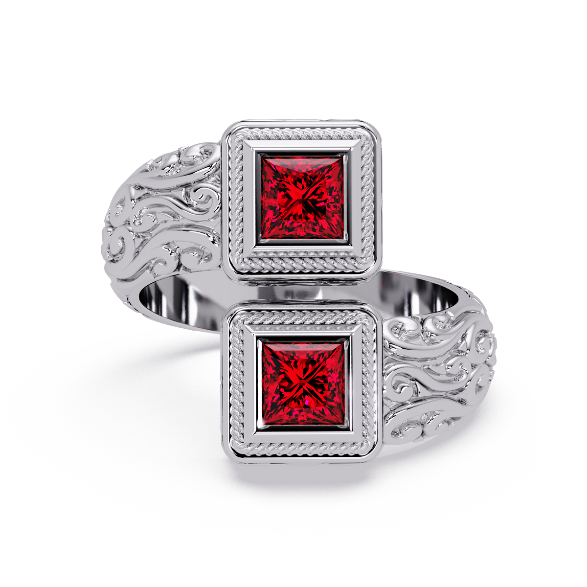 1.0 CTW Princess-Cut Filigree Bypass Colorstone Ring in Ruby Red and White Gold – Lunéa Paris