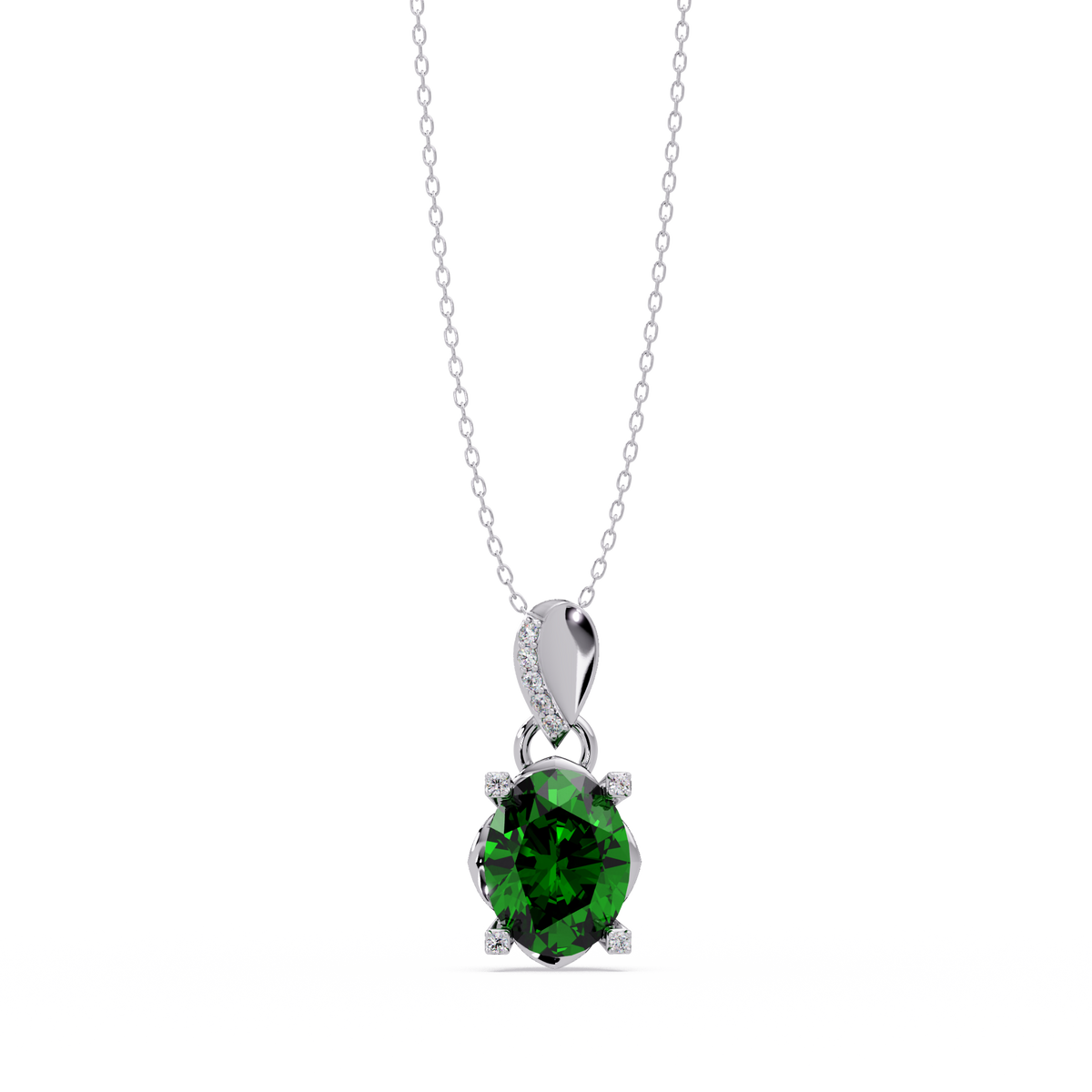 1.8 CTW Oval Solitaire Accent Colorstone Pendant Necklace — Emerald Deep Green — 14K White Gold
