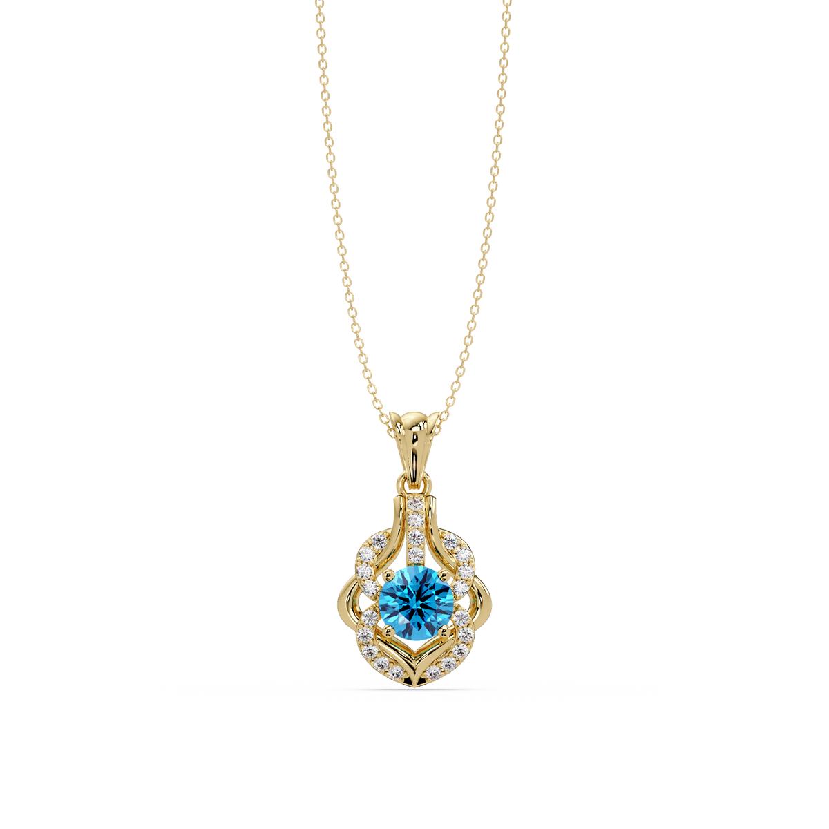 1.6 CTW Round Ornate Frame Colorstone Pendant Necklace — Aquamarine Sky Blue — 14K Yellow Gold