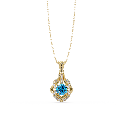 1.6 CTW Round Ornate Frame Colorstone Pendant Necklace — Aquamarine Sky Blue — 14K Yellow Gold